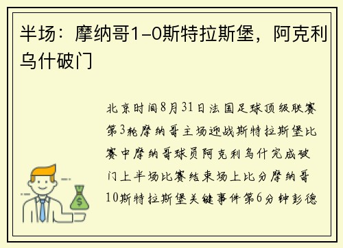半场:摩纳哥1-0斯特拉斯堡,阿克利乌什破门 半场:摩纳哥1-0斯特拉斯堡,阿克利乌什破门