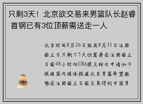 只剩3天！北京欲交易来男篮队长赵睿 首钢已有3位顶薪需送走一人